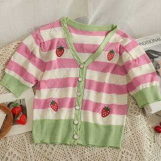 Strawberry-embroidered Striped Light Cardigan Stripe - One Size