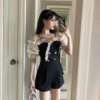 Double-buttoned Ruffle Trim Panel Playsuit