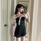 Double-buttoned Ruffle Trim Panel Playsuit