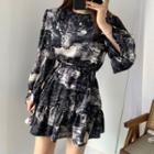Printed Long-sleeve Mini A-line Dress As Shown In Figure - One Size