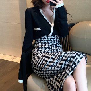 V-neck Wrap Knit Top / Houndstooth Midi Pencil Skirt