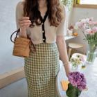 Short-sleeve Contrast-trim Pointelle Knit Cardigan Cream Beige - One Size
