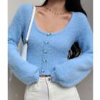 Long-sleeve Plain Sweater Blue - One Size