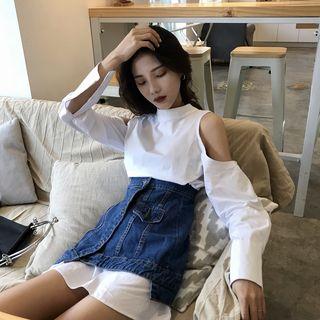 Set: Off-shoulder Long-sleeve Dress + Denim Skirt