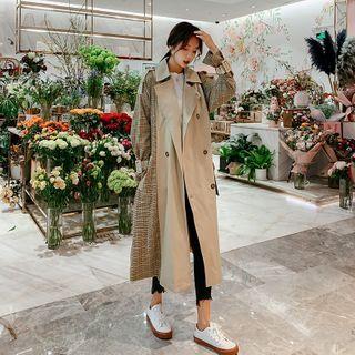 Plaid Paneled Double Breasted Long Coat