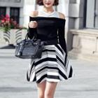 Cold Shoulder Color Block Long-sleeve Knit Top / Striped A-line Skirt