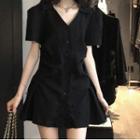 Short-sleeve Button Up Mini A-line Dress Black - One Size