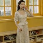 Floral Ruffle Trim Short-sleeve Maxi A-line Dress