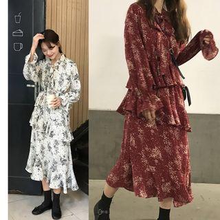 Long-sleeve Floral Print Midi A-line Tiered Dress
