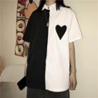 Elbow-sleeve Heart Print Shirt White & Black - One Size