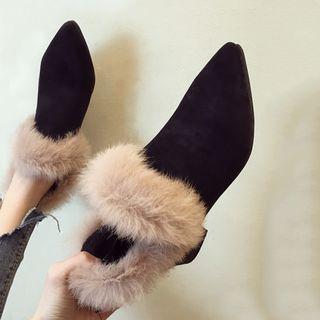 Fluffy Panel Pointed Block Heel Ankle Boots