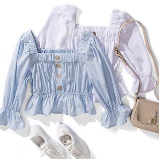 Ruched Bell-sleeve Cropped Blouse