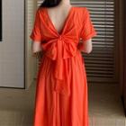 Plain Short-sleeve Bow-back Midi A-line Dress