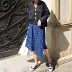 3/4-sleeve Contrast Stitching Shirt/ Asymmetric Hem Plaid Midi Skirt