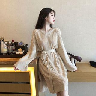 Slit-slide Tie-waist Sweater Dress