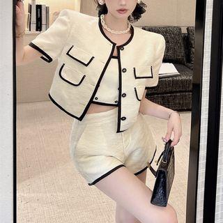 Short-sleeve Button Jacket / Camisole Top / High Waist Shorts