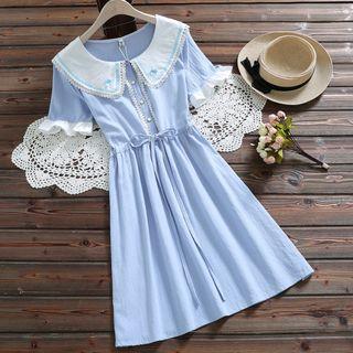 Short-sleeve Frill Trim Wide Collar A-line Midi Dress