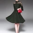 Stand-collar Bell-sleeve Tie-waist Collared Chiffon A-line Plain Panel Lace Sheath Dress