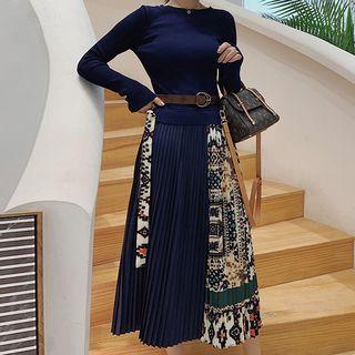 Long-sleeve Print-panel Knit Midi Dress
