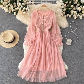 V-neck Panel Mesh Long-sleeve Dress