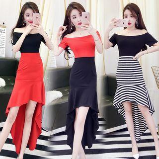 Off-shoulder Short-sleeve High-low Sheath Dress