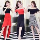 Off-shoulder Short-sleeve High-low Sheath Dress