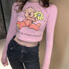 Bear Print Long-sleeve T-shirt Pink - One Size