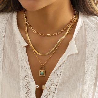 Layered Padlock Pendant Chain Necklace 1 Pc - 3089 - Gold - One Size