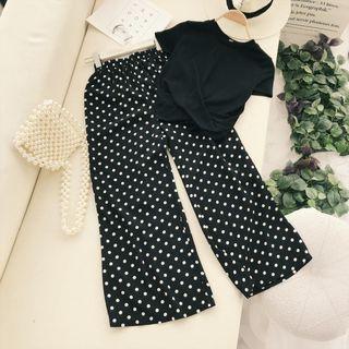Set: Short-sleeve Crop T-shirt + Polka Dot Wide-leg Pants