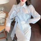 Ribbon Mesh Shirt / High Waist Wide Leg Pants / Set