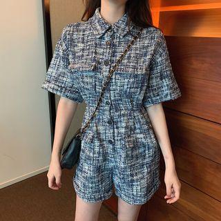 Elbow-sleeve Tweed Wide-leg Playsuit
