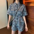 Elbow-sleeve Tweed Wide-leg Playsuit
