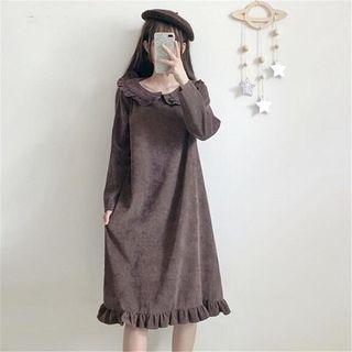Frill Trim Long Sleeve Corduroy Dress