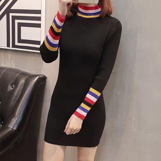Long-sleeve Contrast Trim Mini Sheath Knit Dress