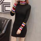 Long-sleeve Contrast Trim Mini Sheath Knit Dress