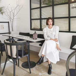 Puff-shoulder Frilled Gathered Long Dress