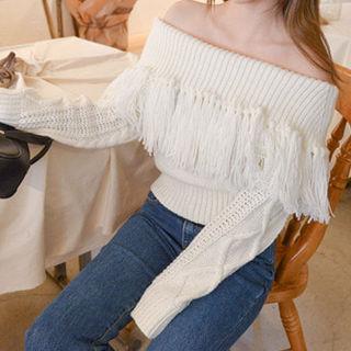 Off-shoulder Fringed-detail Knit Top