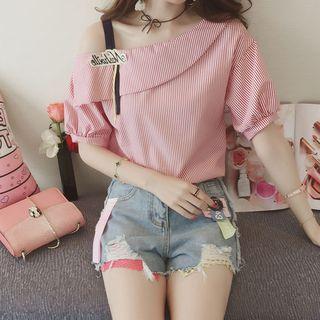 Short-sleeve Cut-out Striped Blouse
