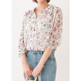 Open-placket Floral Blouse