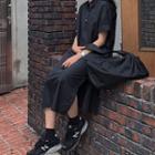 Short-sleeve Split Hem Midi Shirt Dress Black - One Size