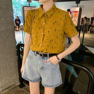 Printed Short Sleeve Blouse Almond - One Size