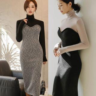 Turtleneck Mock Two-piece Knit Midi Sheath Dress