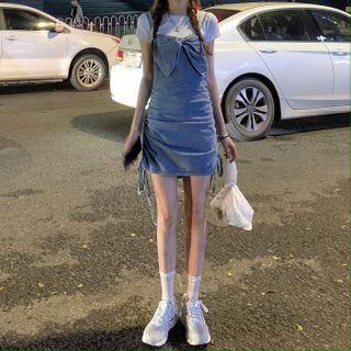 Short-sleeve T-shirt / Spaghetti Strap Mini Sheath Denim Dress