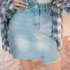 Cutout-hem Washed Denim Mini Skirt