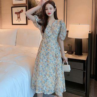 V-neck Floral Printed Lace-up A-line Dress