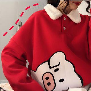 Pig Printed Polo Pullover Red - One Size