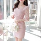 Sweetheart-neck Sheer-sleeve Sheath Dress