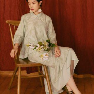 Set: Long-sleeve Qipao Top + Midi A-line Dress