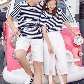 Couple Matching Set: Striped Short-sleeve T-shirt + Shorts / A-line Midi Skirt