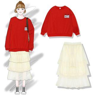 Chinese Character Pullover / Tiered Midi Skirt